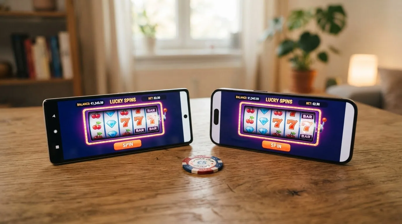 Dos telefonos moviles mostrando la misma app de casino abierta en un dispositivo Android y en un iPhone
