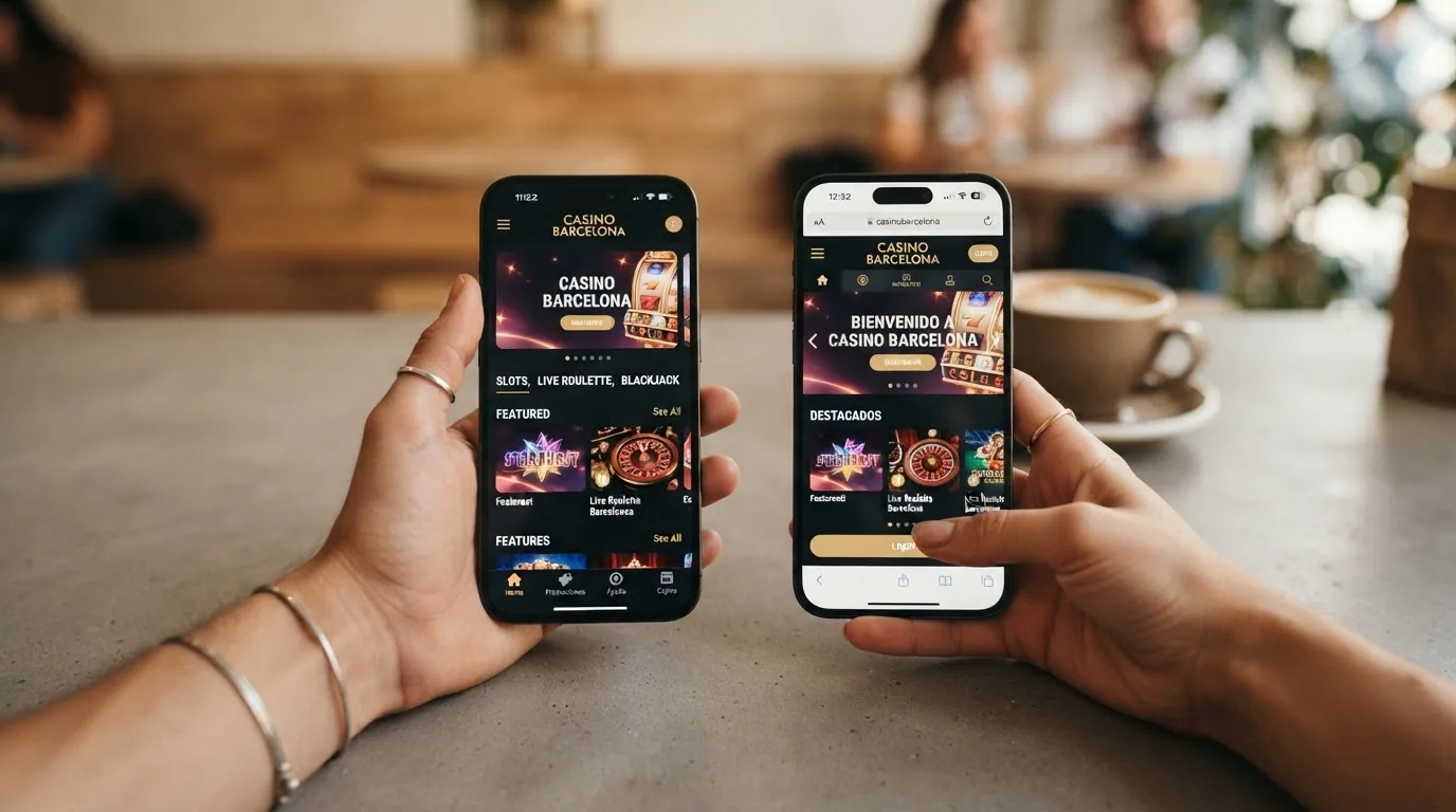 Un teléfono móvil mostrando la pantalla de inicio de la app de Casino Barcelona junto a un segundo dispositivo con la web adaptada