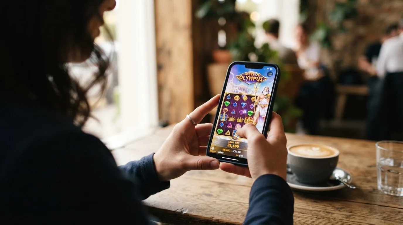Mano sosteniendo un teléfono móvil con una slot de casino abierta en la aplicación de un operador DGOJ