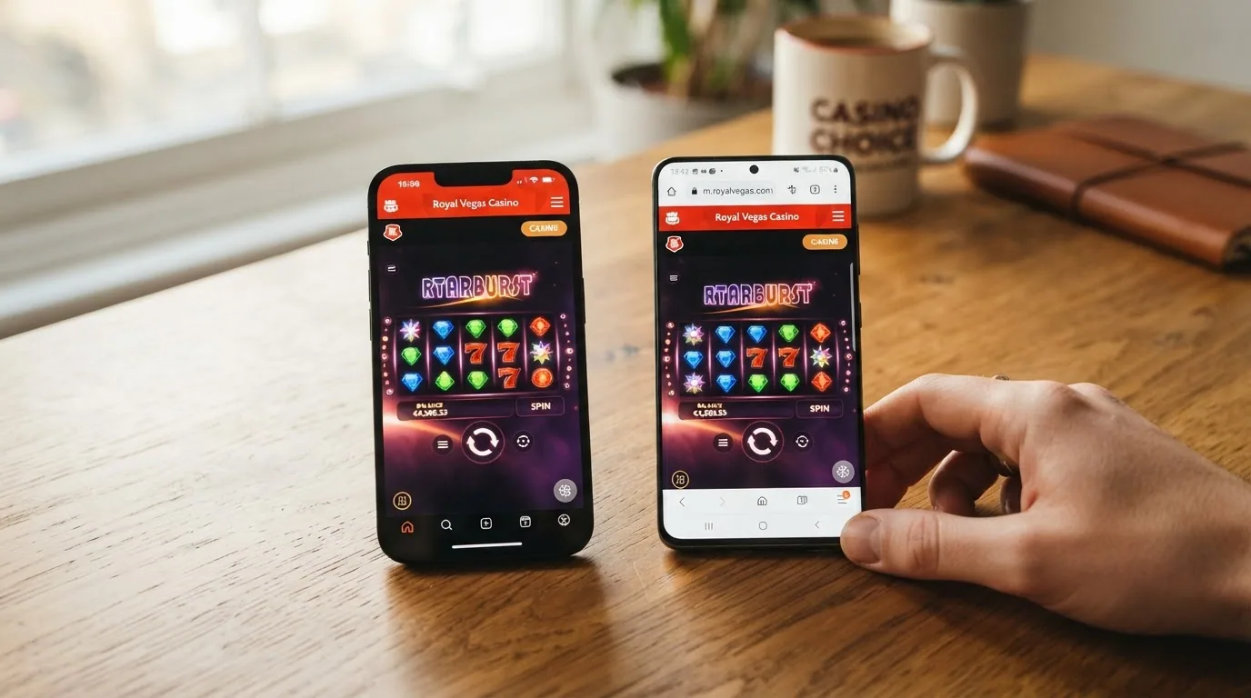 Dos pantallas de teléfono mostrando el mismo casino: una desde la app nativa y otra desde el navegador Chrome