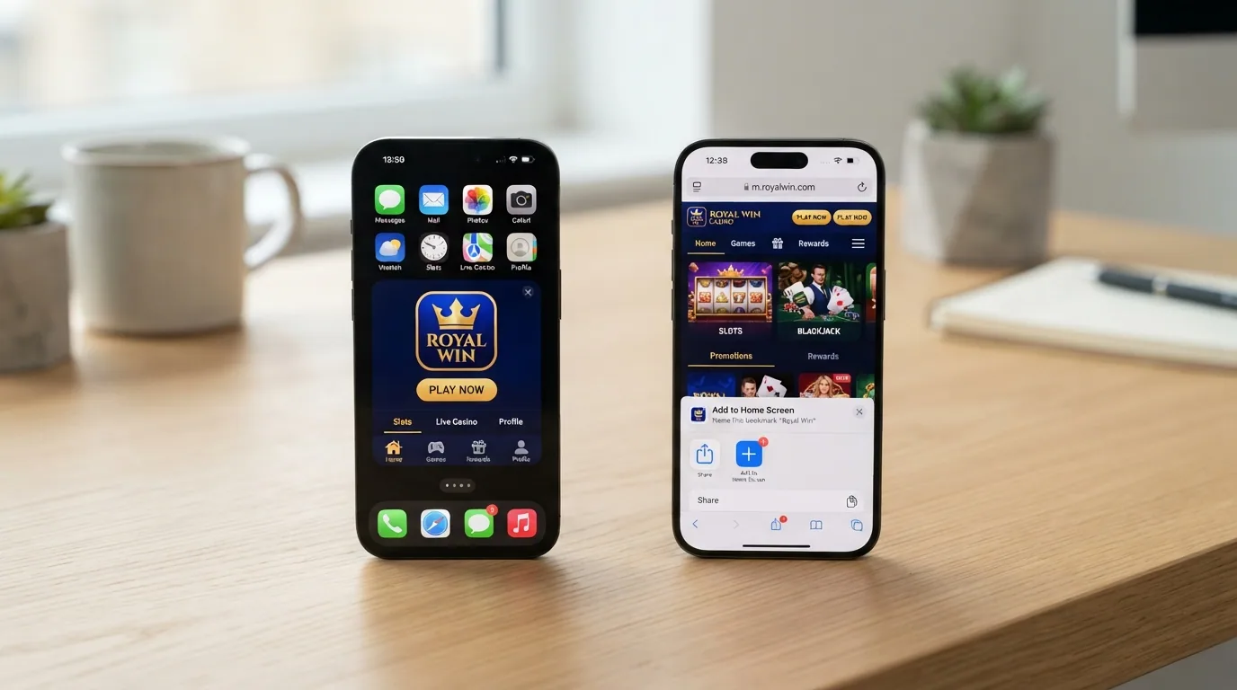 Dos teléfonos uno al lado del otro: el izquierdo muestra el icono de una app de casino descargada, el derecho muestra el mismo casino abierto en el navegador