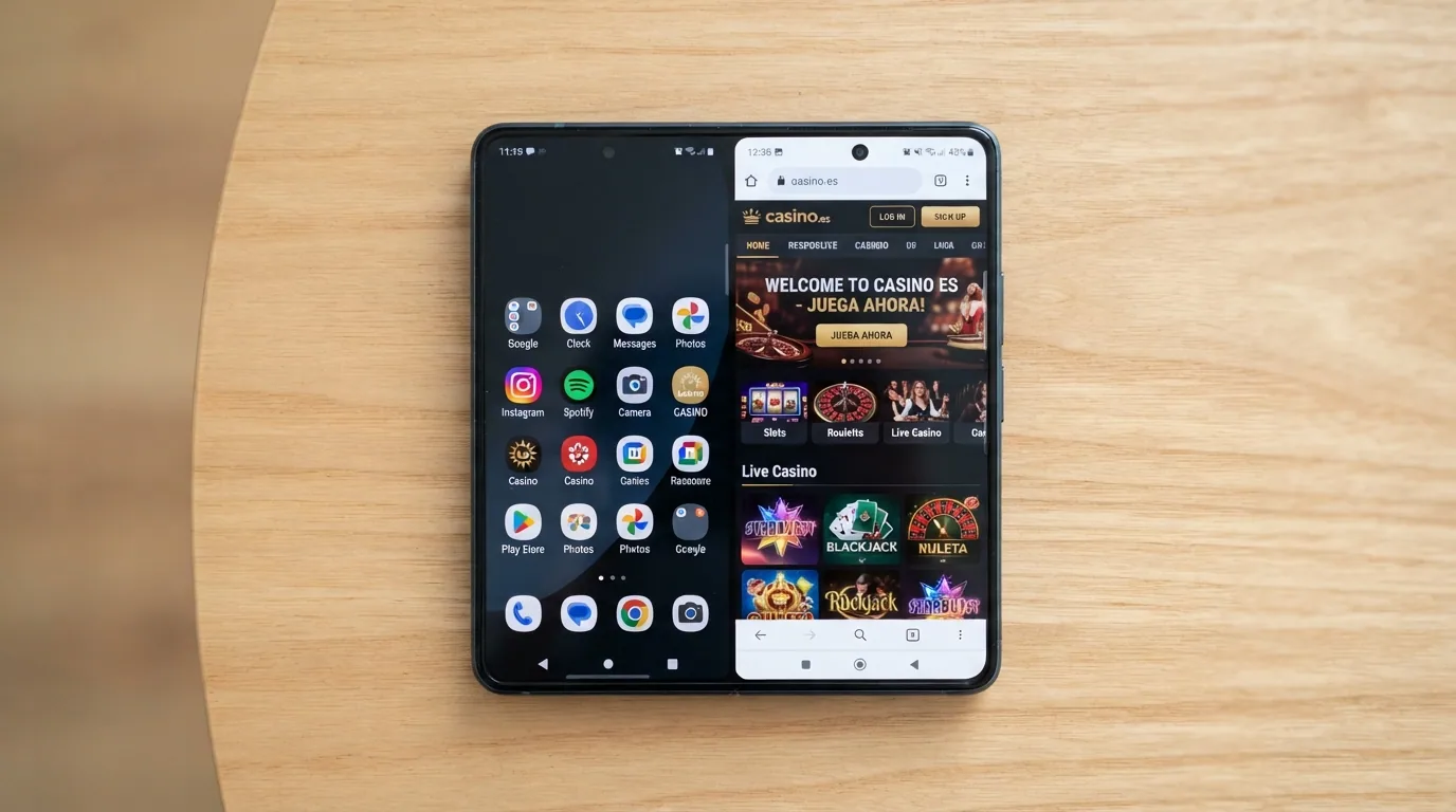 Pantalla partida: a la izquierda el icono de una app de casino en el cajón de aplicaciones de Android, a la derecha el mismo casino cargado en Chrome
