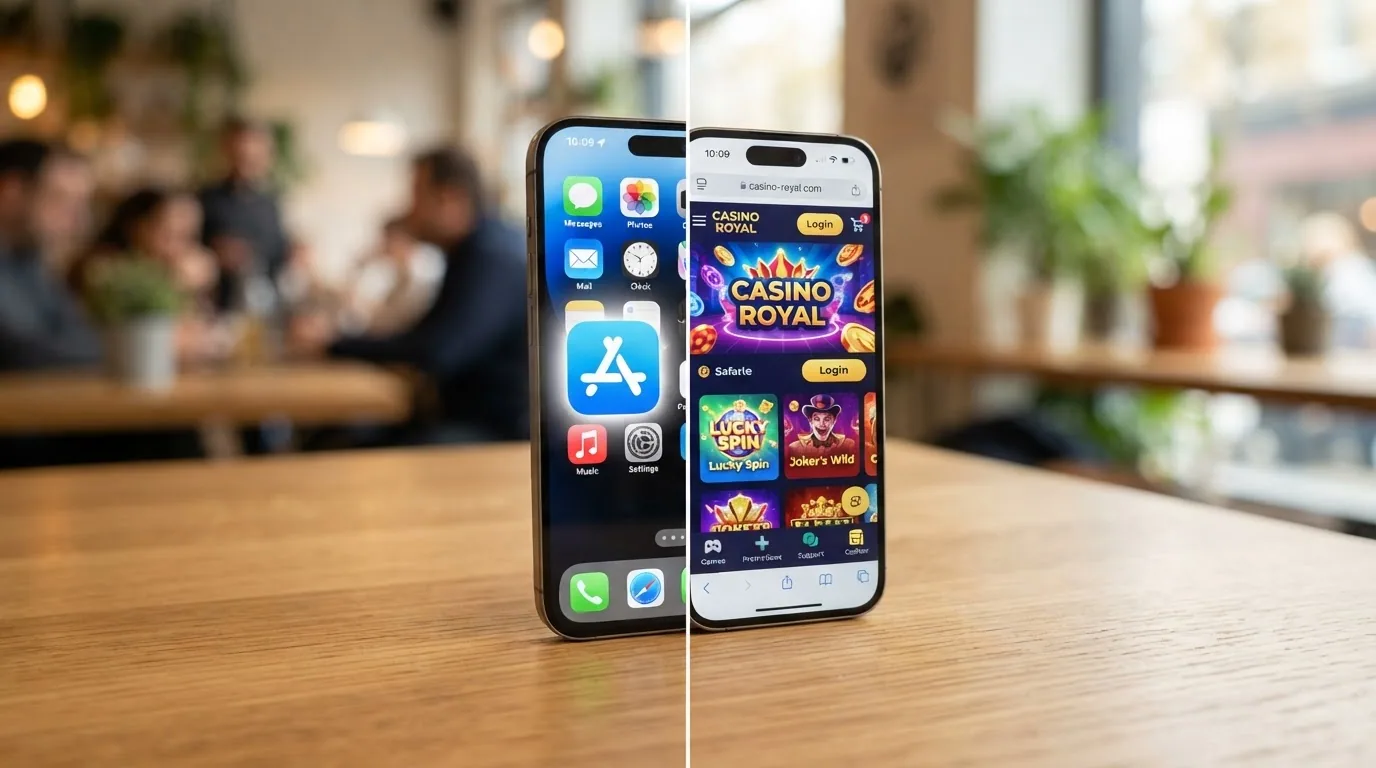 iPhone mostrando a la izquierda la App Store y a la derecha Safari con un casino abierto