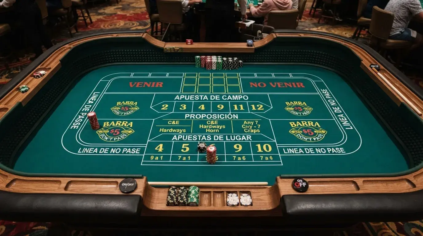 Vista cenital del tapete completo de craps con las distintas zonas de apuesta señalizadas y etiquetadas
