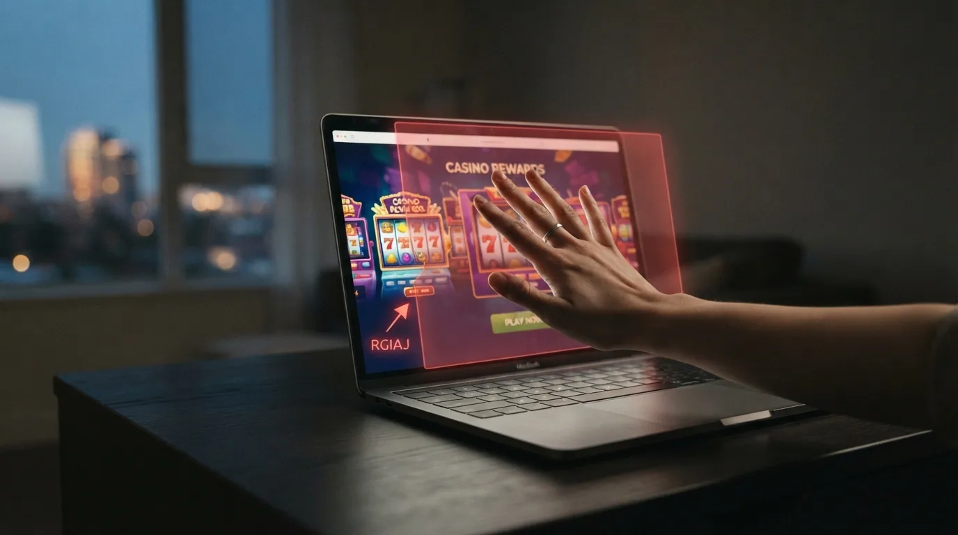 Una mano que intenta bloquear el acceso a una pantalla de casino, pero la pantalla tiene un camino alternativo que sortea el bloqueo señalizado como «RGIAJ»