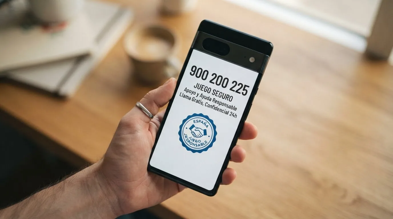 Mano sobre un teléfono móvil con el número 900 200 225 en pantalla y el logotipo de FEJAR visible