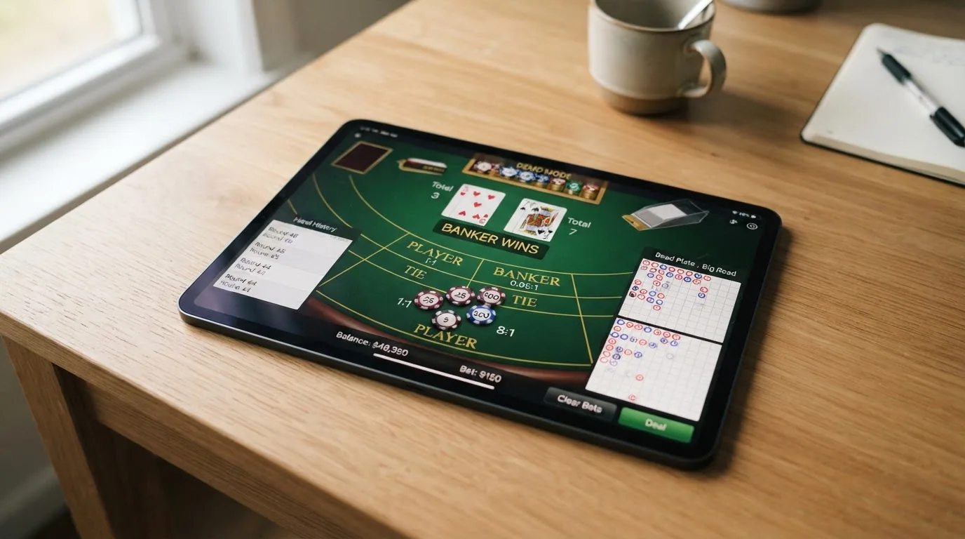 Pantalla de un juego de baccarat digital en modo demo con fichas virtuales, el historial de manos y los botones de apuesta
