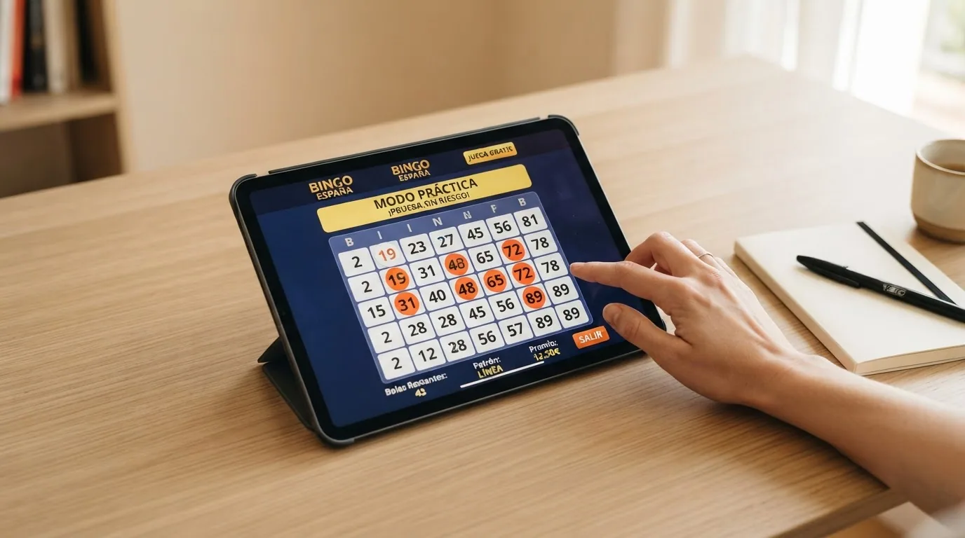 Interfaz de bingo en modo demo con saldo ficticio, mostrando un cartón activo y la indicación de «modo práctica» o «jugar gratis»
