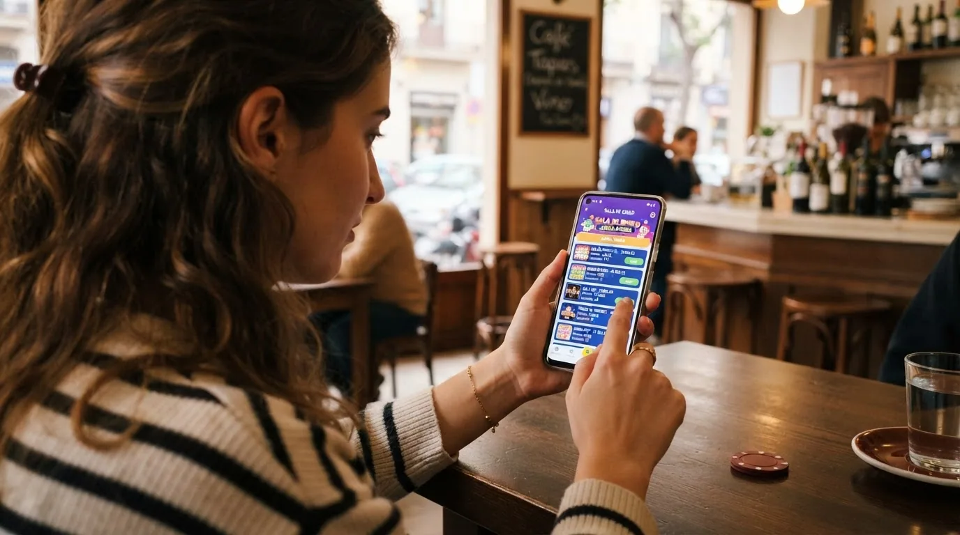 Teléfono móvil mostrando una partida de bingo online en formato vertical, con los cartones adaptados a la pantalla y los controles táctiles visibles