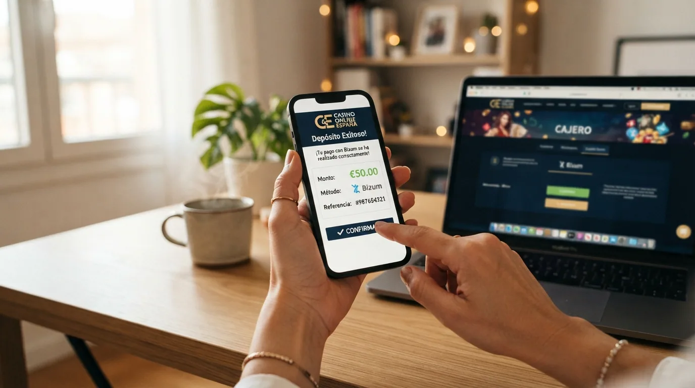 Teléfono móvil mostrando la pantalla de depósito de un casino online español con los iconos de Bizum, tarjeta bancaria, PayPal y transferencia como opciones disponibles