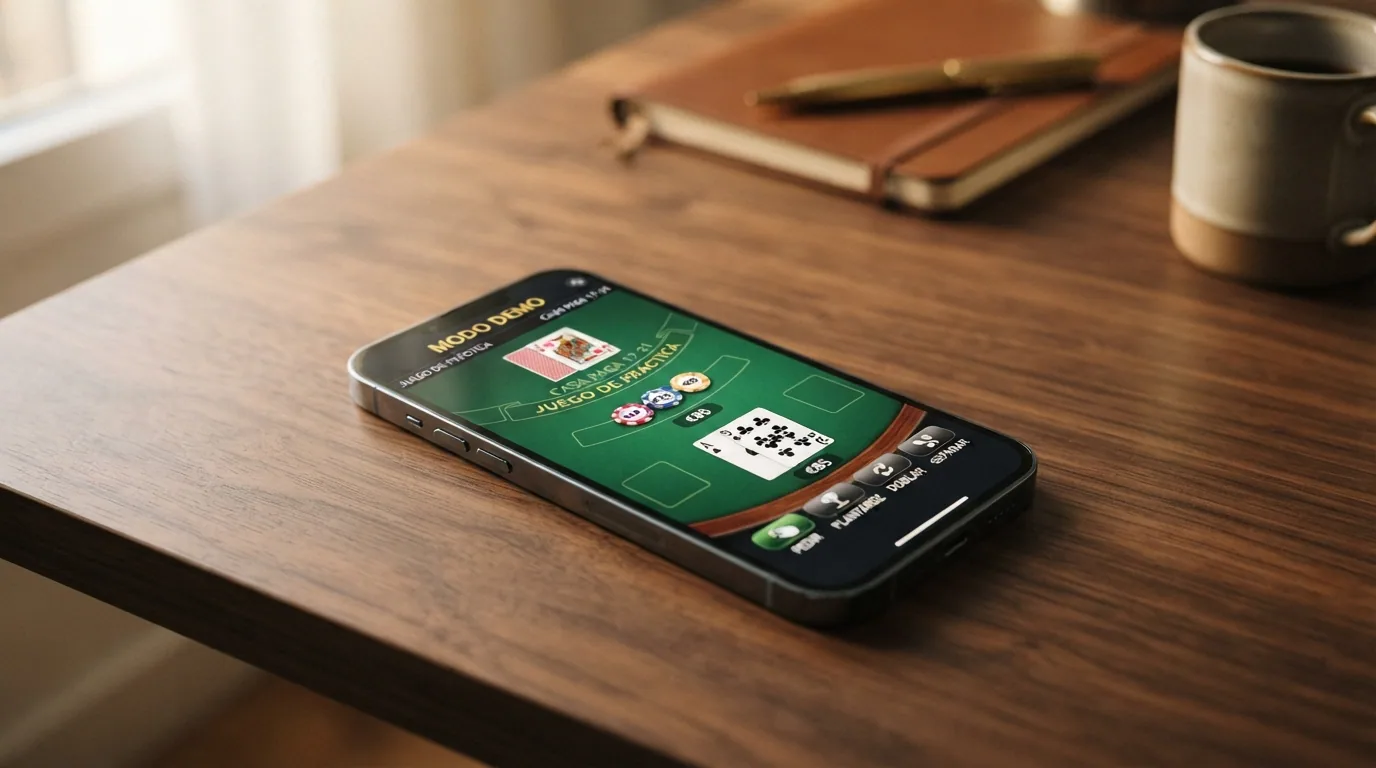 Mesa de blackjack online con fichas virtuales y el indicador de «modo demo» o «juego de práctica» visible en la interfaz