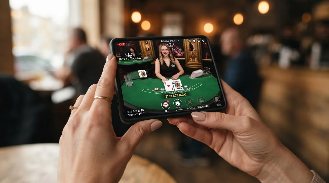 Teléfono móvil mostrando una mesa de blackjack en vivo en orientación horizontal con la interfaz de apuestas superpuesta