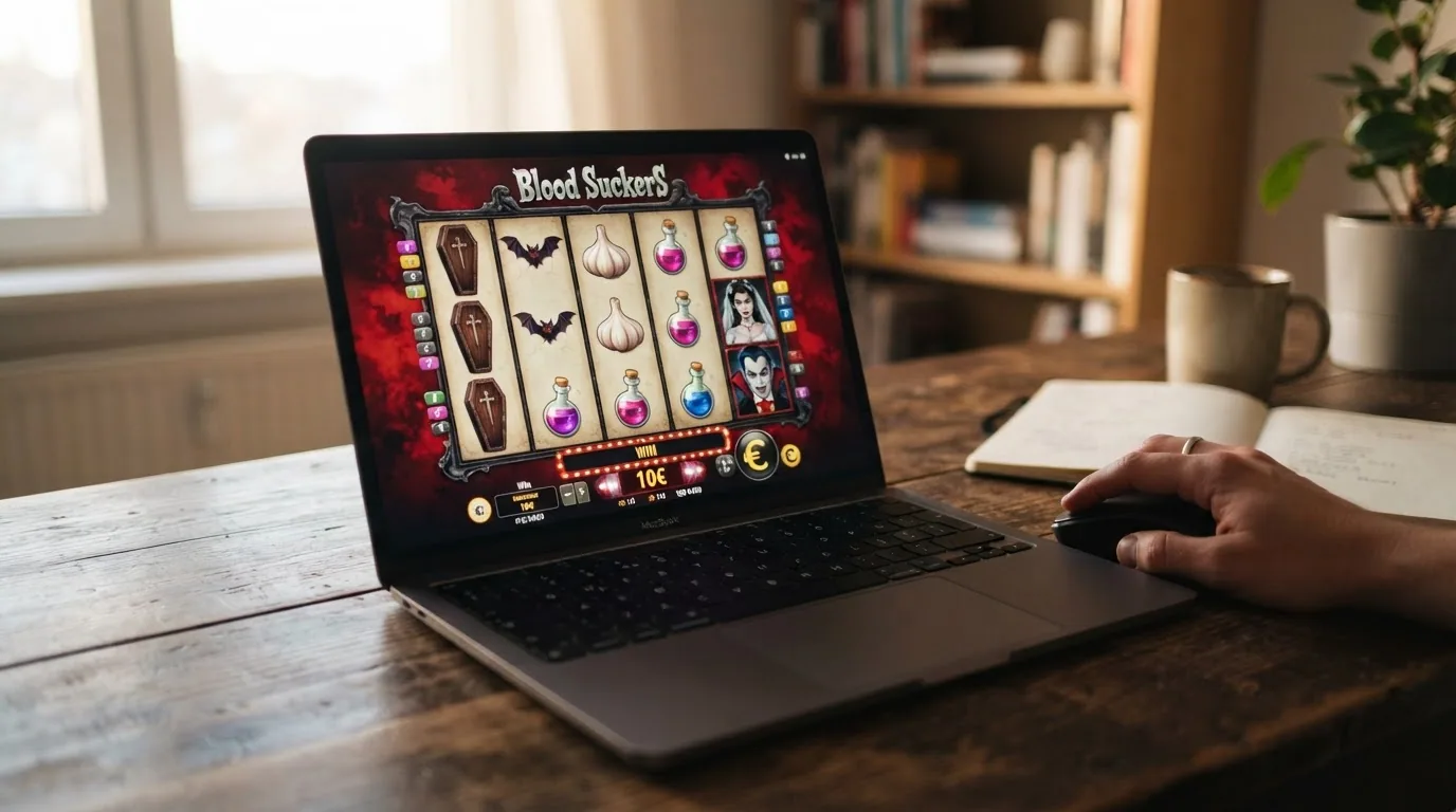 Pantalla de juego del slot Blood Suckers de NetEnt con su temática de vampiros y los rodillos en movimiento