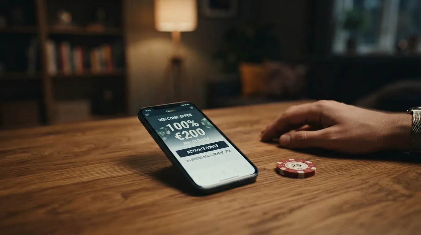 Pantalla de activacion de un bono de bienvenida con el importe del bono y el rollover visibles