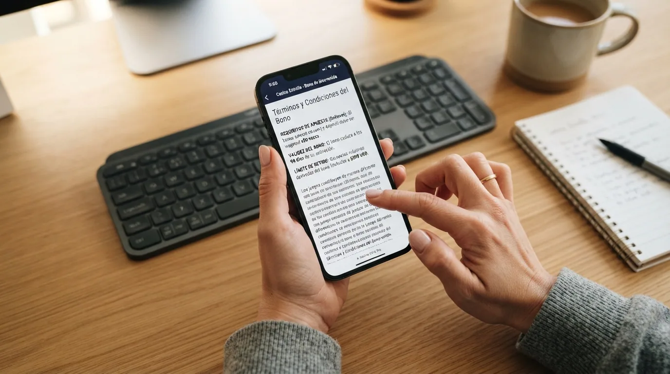 Primer plano de la sección de términos de un bono de bienvenida en un casino online español, con las cifras de rollover, validez y límite de retiro señaladas