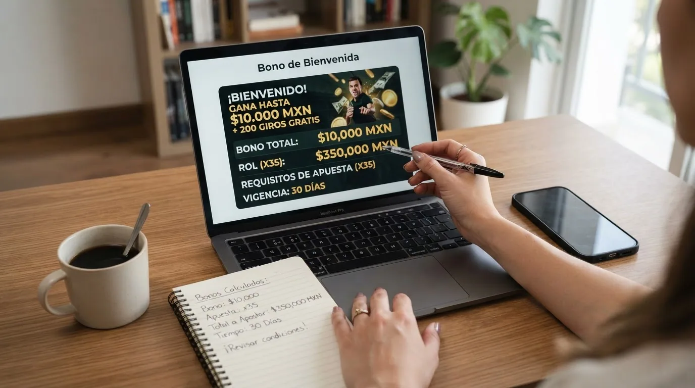 Primer plano de una pantalla de promoción de bono de bienvenida con el importe, el rollover y la vigencia señalados