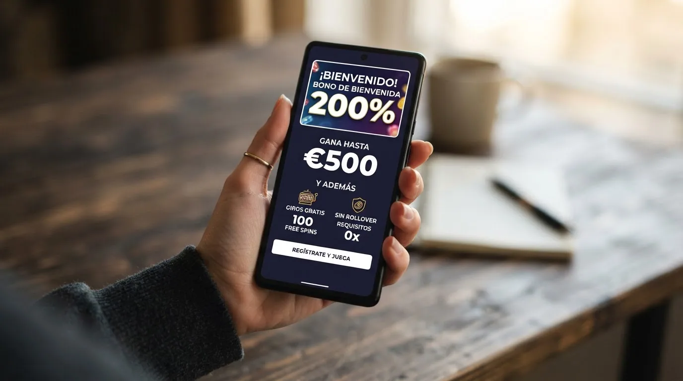 Pantalla promocional de un bono de bienvenida con giros gratis en tragaperras online en un casino con licencia DGOJ
