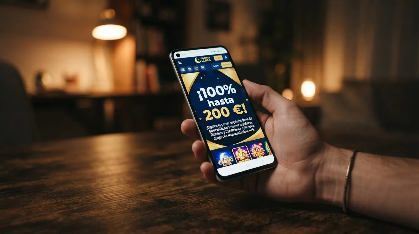Primer plano de un móvil Android mostrando una pantalla de bienvenida con la oferta «100% hasta 200 €» y la letra pequeña debajo