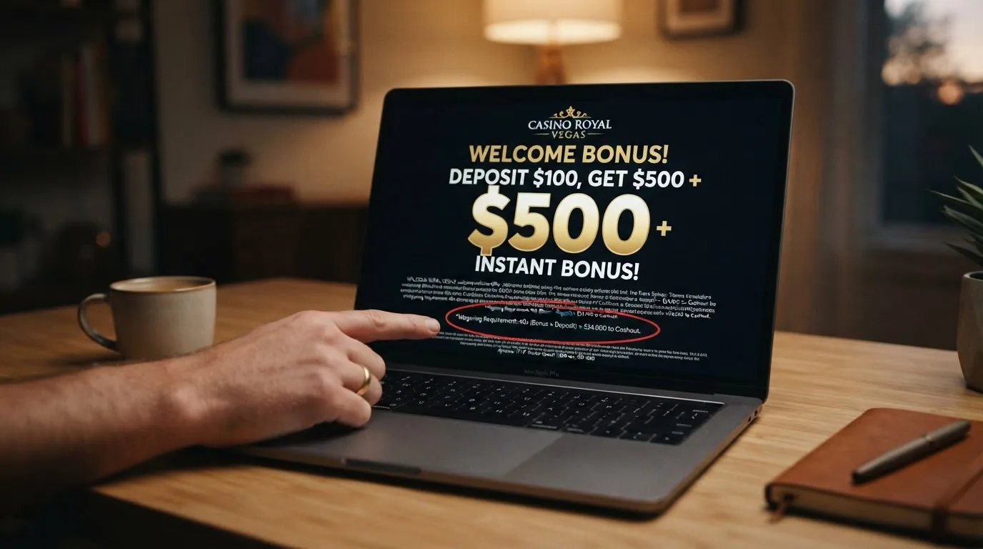 Primer plano de una pantalla de bono de bienvenida con el importe destacado en grande y la letra pequeña del requisito de apuesta señalada con un círculo