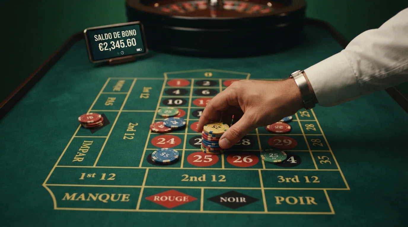 Primer plano de una mano colocando fichas sobre el tapete de una ruleta en vivo, con un contador de saldo de bono visible en la esquina superior de la pantalla