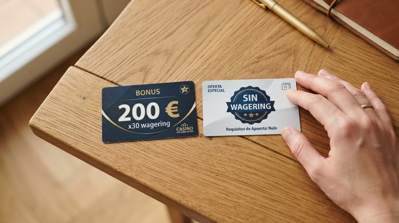 Comparativa de dos fichas de bono: una con el importe en grande y el wagering en letra pequeña, otra con el sello «sin rollover» destacado