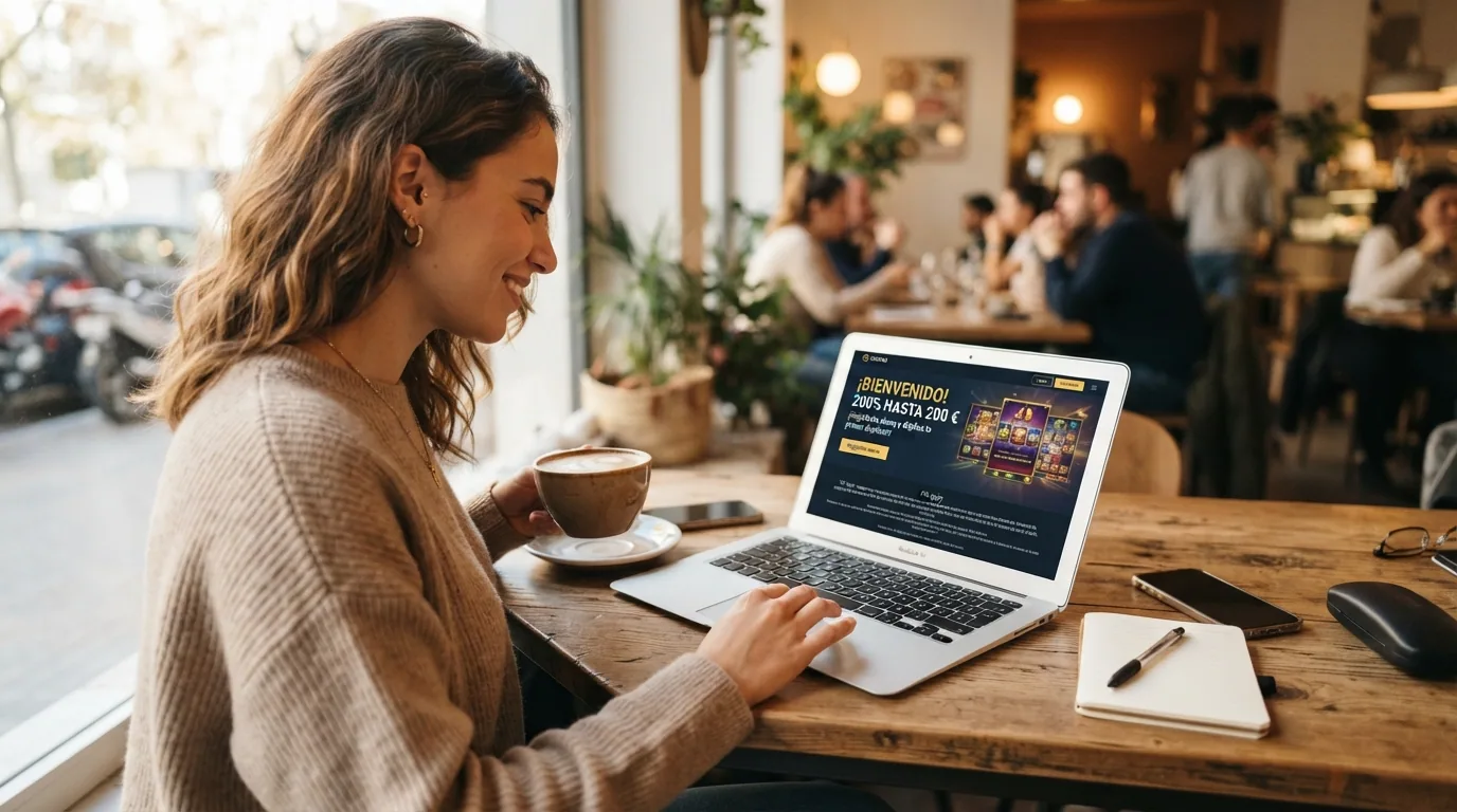 Interfaz de un casino online español mostrando las condiciones de un bono de bienvenida con el importe, el rollover y la validez destacados en pantalla
