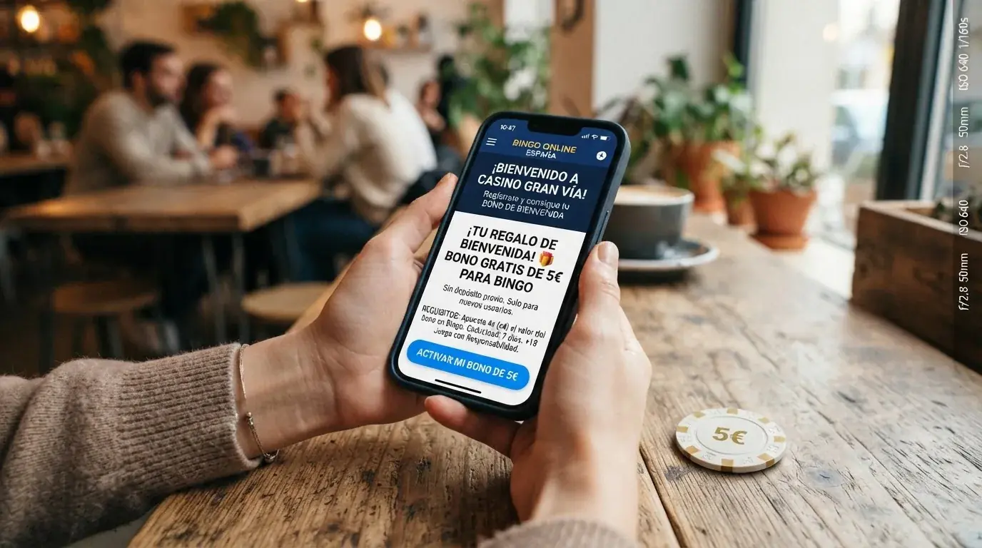 Pantalla promocional de un bono de bienvenida de bingo online con las condiciones, el importe del bono y el plazo de activación visibles