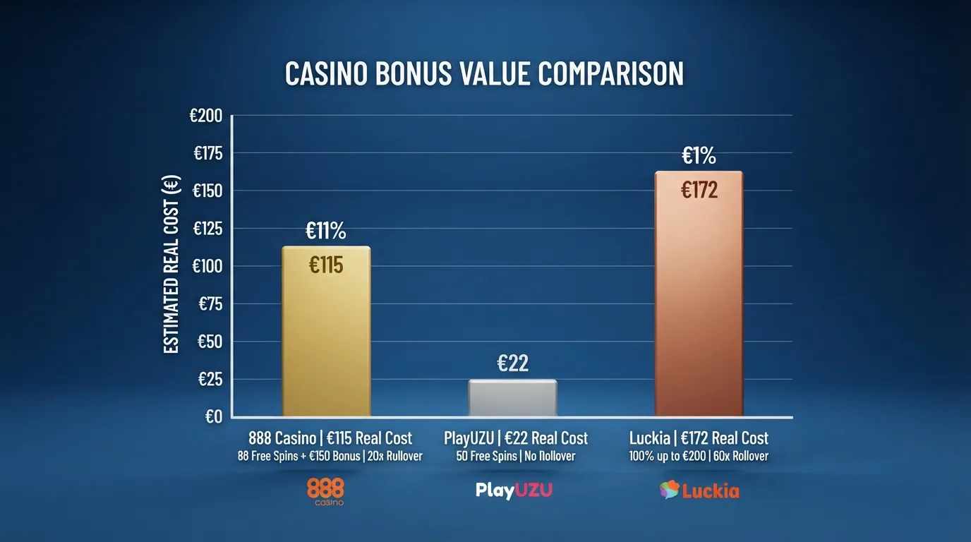 Infografía con tres ejemplos de bonos de la comparativa: 888 Casino (88 FS sin depósito + 150 €, x20), PlayUZU (50 FS sin rollover) y Luckia (100 % hasta 200 €, x60) con el coste real estimado de cada uno en euros