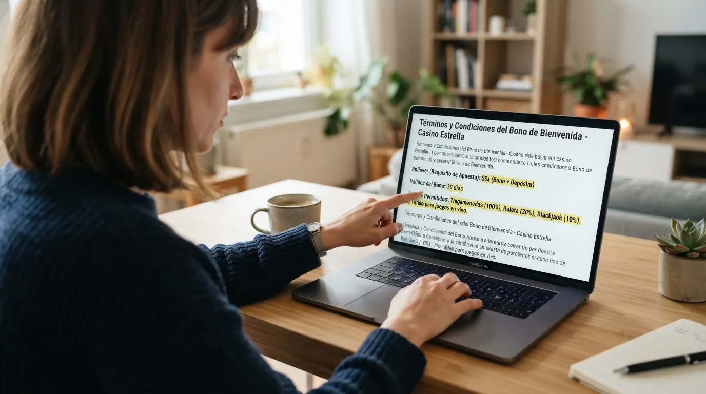 Primer plano de los términos y condiciones de un bono de bienvenida con las cifras de rollover, validez y juegos permitidos resaltadas