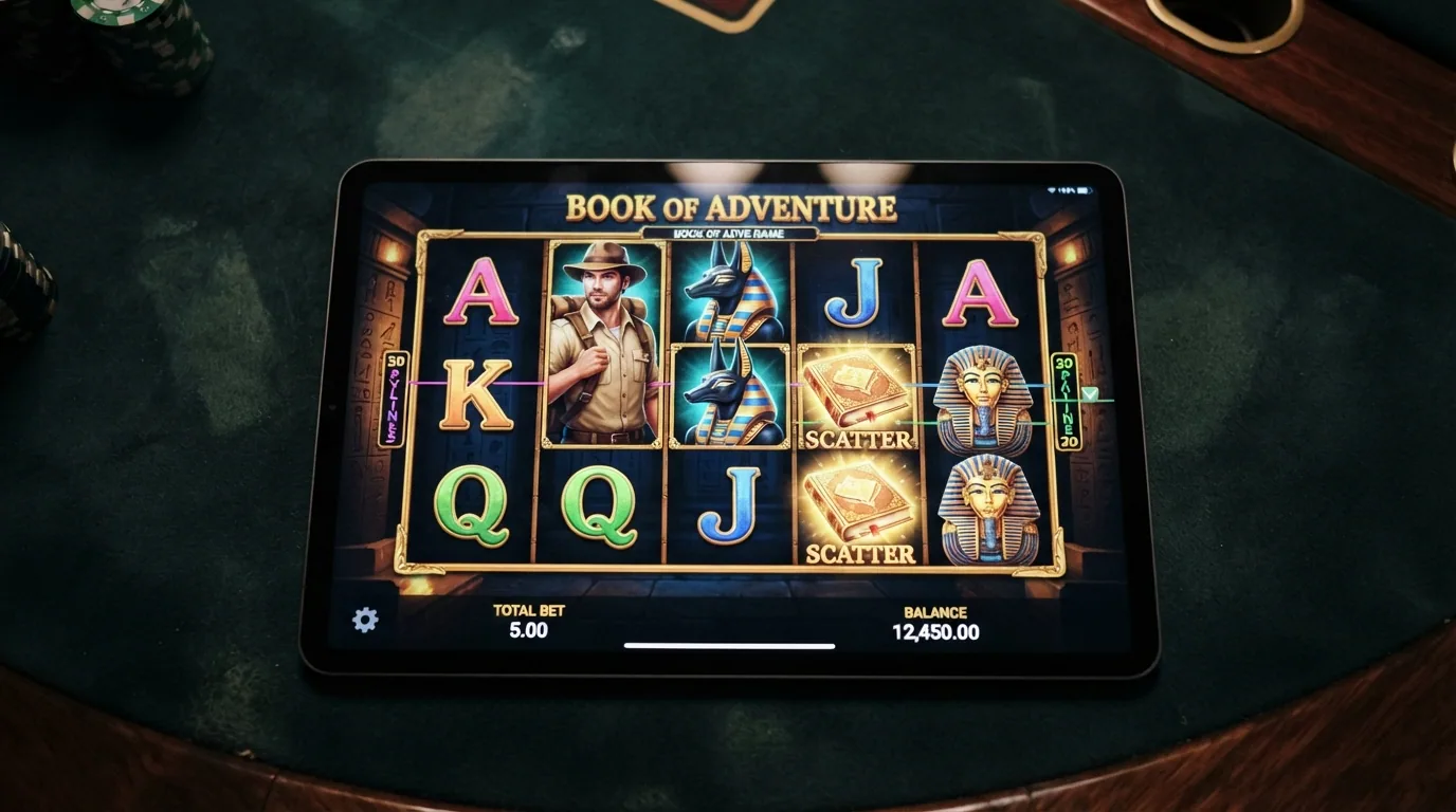 Primer plano de los cinco rodillos de Book of Dead con el símbolo del libro dorado actuando como scatter y wild