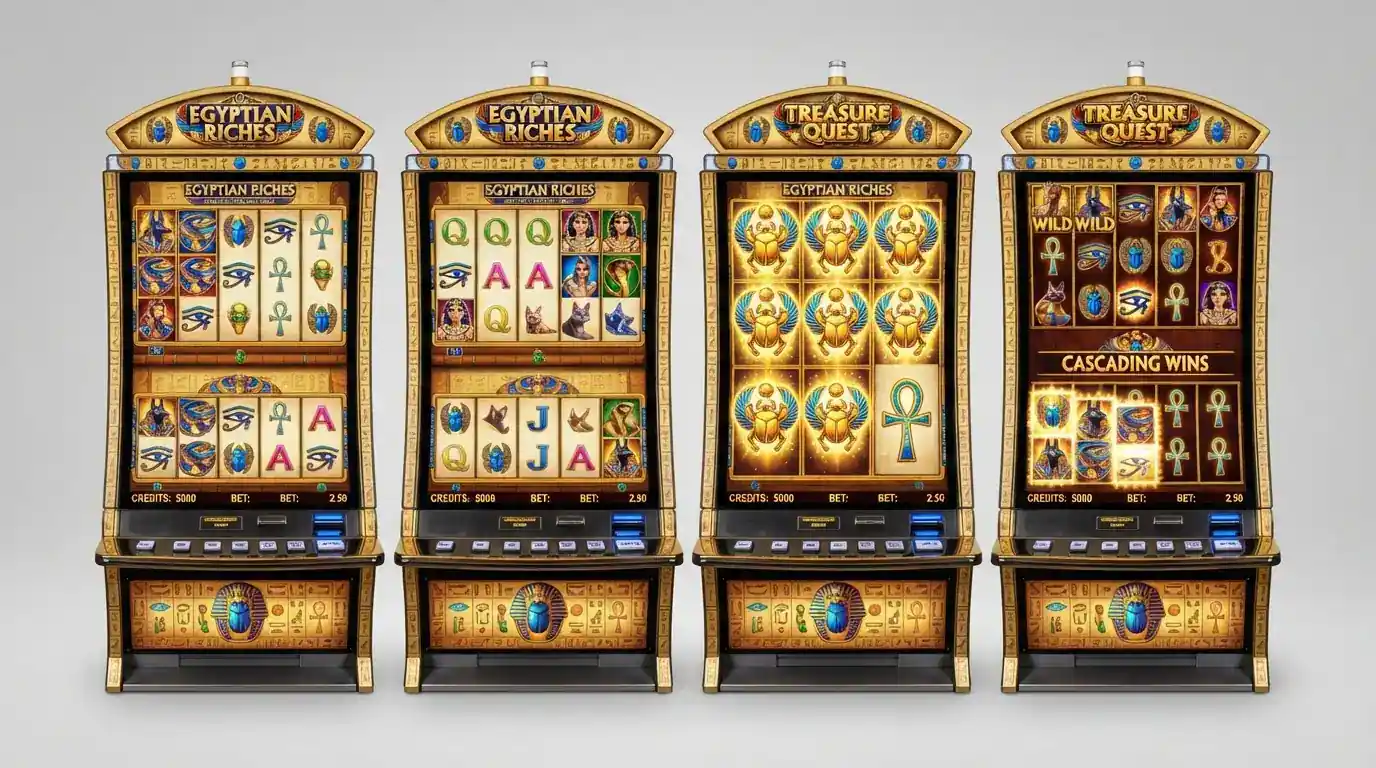 Las cuatro variantes principales de Book of Ra (Deluxe, Deluxe 6, Magic y Megaways) alineadas para comparar sus diferencias visuales