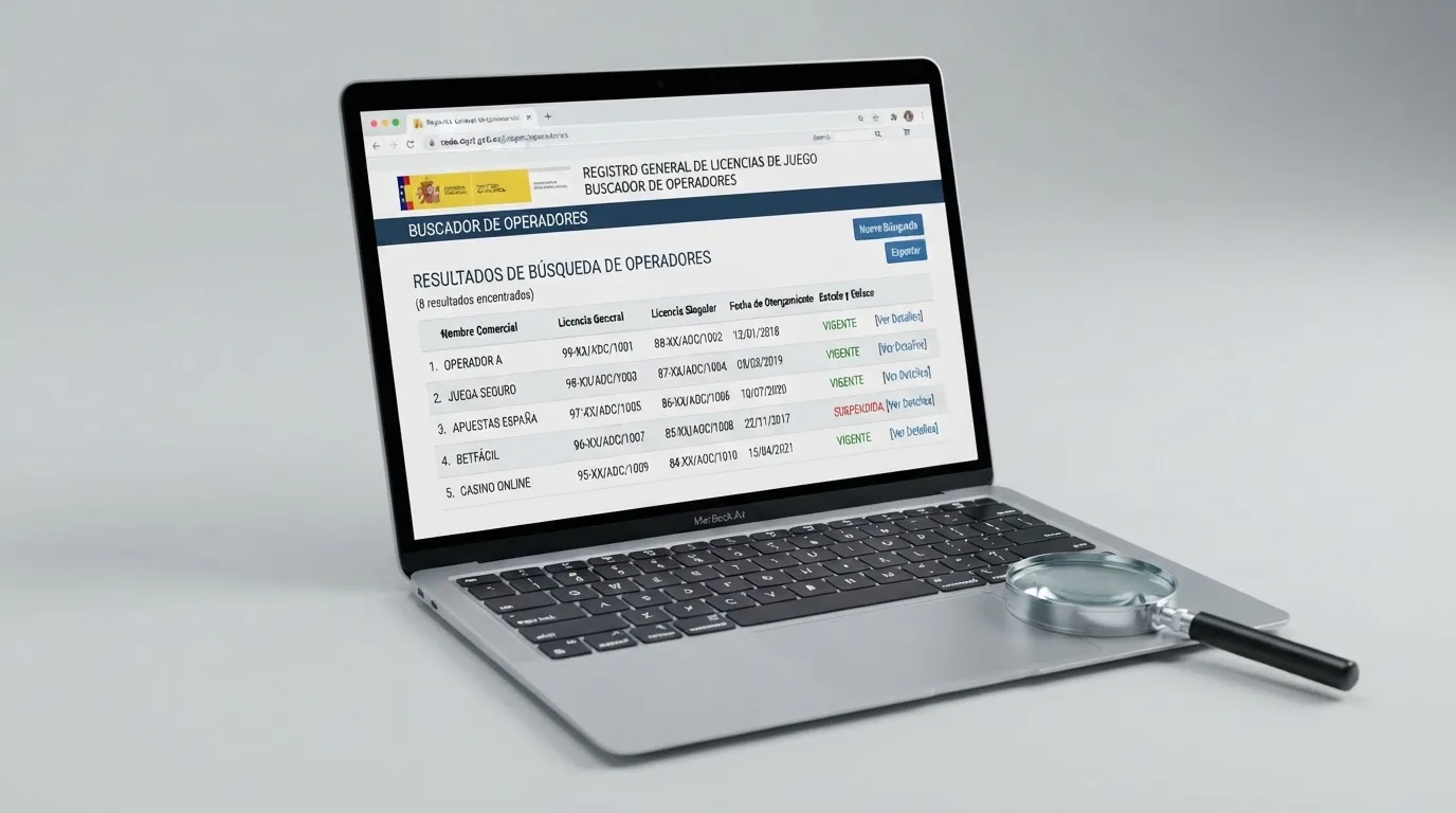 Captura de pantalla del buscador público de operadores con licencia de la DGOJ en ordenacionjuego.es mostrando una ficha de operador con los campos de nombre, tipo de licencia y estado