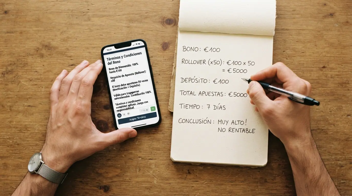Primer plano de una calculadora junto a la pantalla de términos de un bono de bienvenida donde se lee «rollover x50» y el importe del depósito igualado