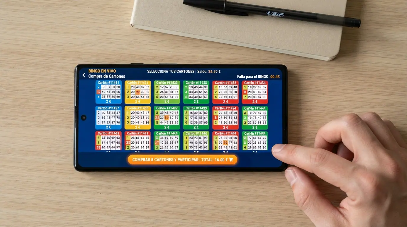 Pantalla de compra de cartones de bingo online con el selector de cantidad y el precio por cartón visible