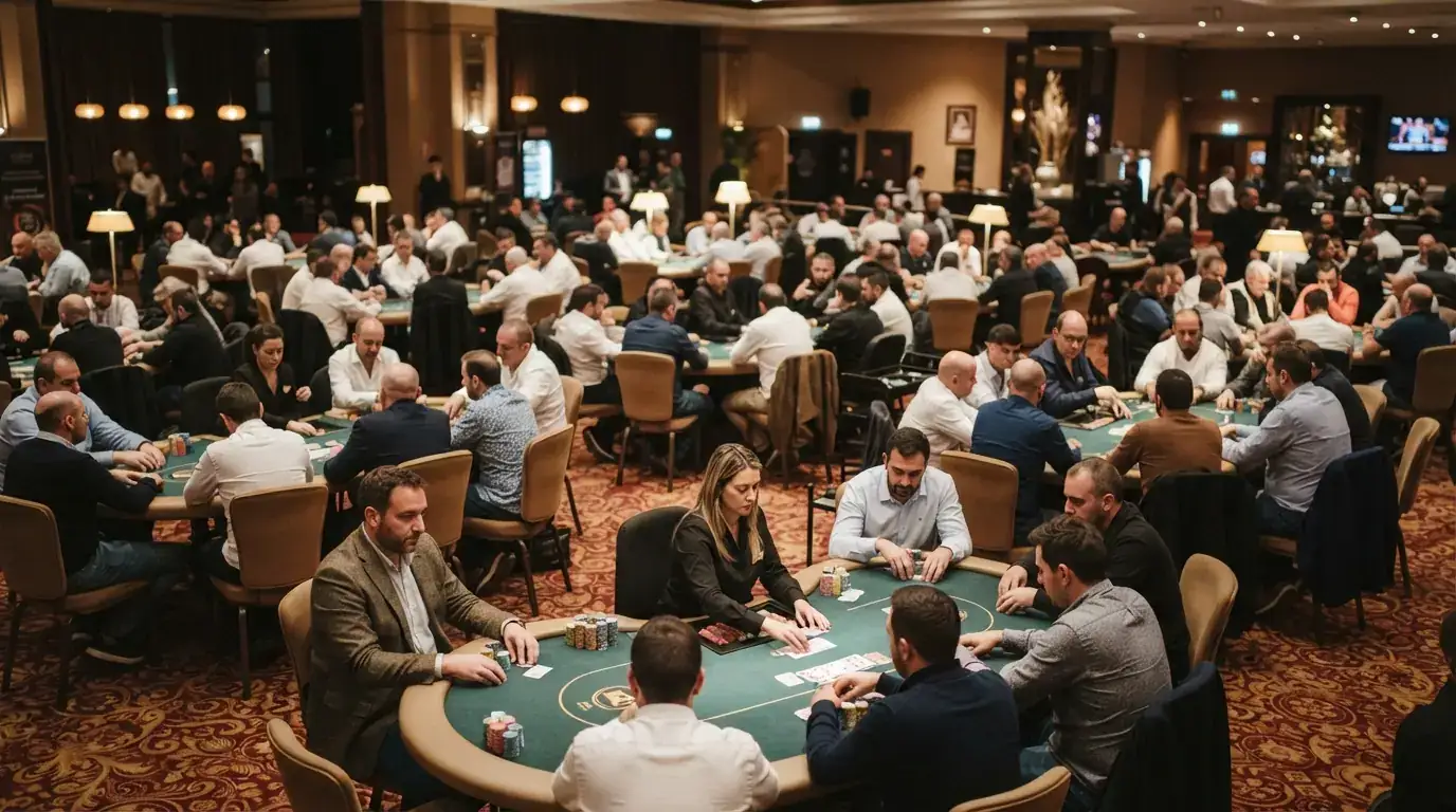 Sala de poker del Casino Barcelona con mesas de Texas Hold'em activas y jugadores en plena partida presencial