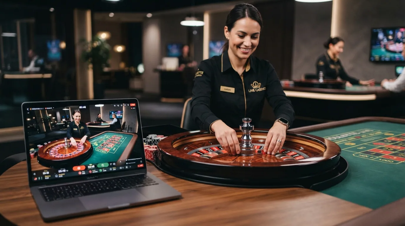 Mesa de ruleta en vivo con crupier real retransmitida desde un estudio, con la interfaz de apuestas visible en pantalla