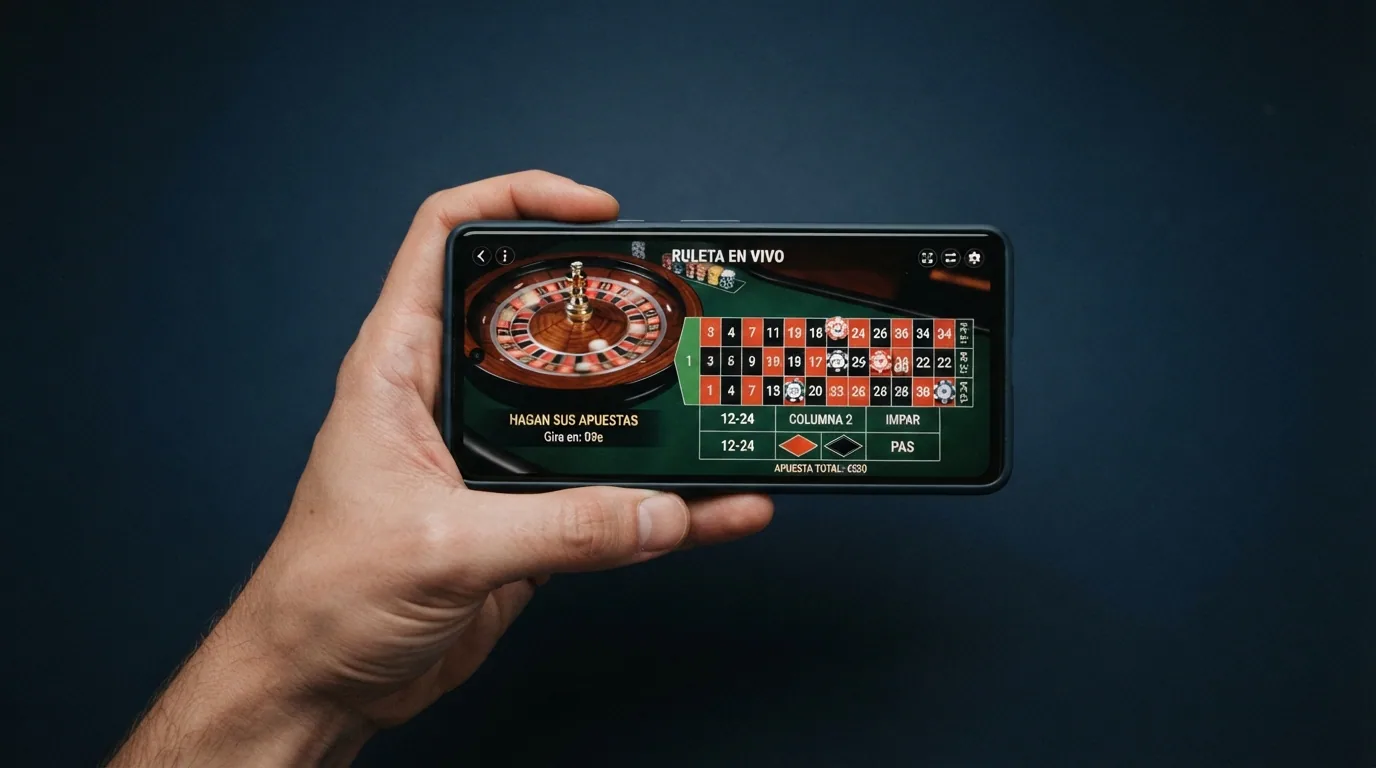 Teléfono móvil en posición horizontal mostrando una mesa de ruleta en vivo a pantalla completa, con los botones de apuesta adaptados al formato táctil