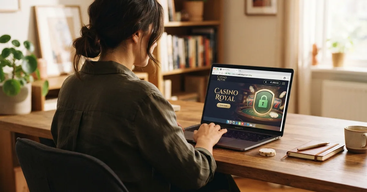 Un jugador consultando una página de casino online en una pantalla de ordenador, con el candado de seguridad visible en la barra del navegador y el sello de Juego Seguro de la DGOJ en un lateral de la web.
