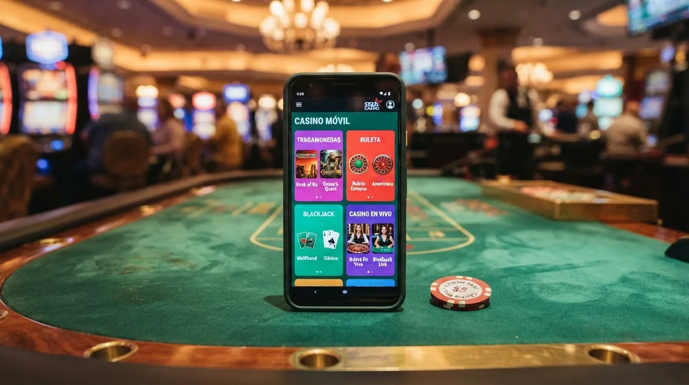Pantalla de catálogo de juegos en una app de casino con miniaturas de slots, ruleta, blackjack y casino en vivo organizadas por categorías con etiquetas en español