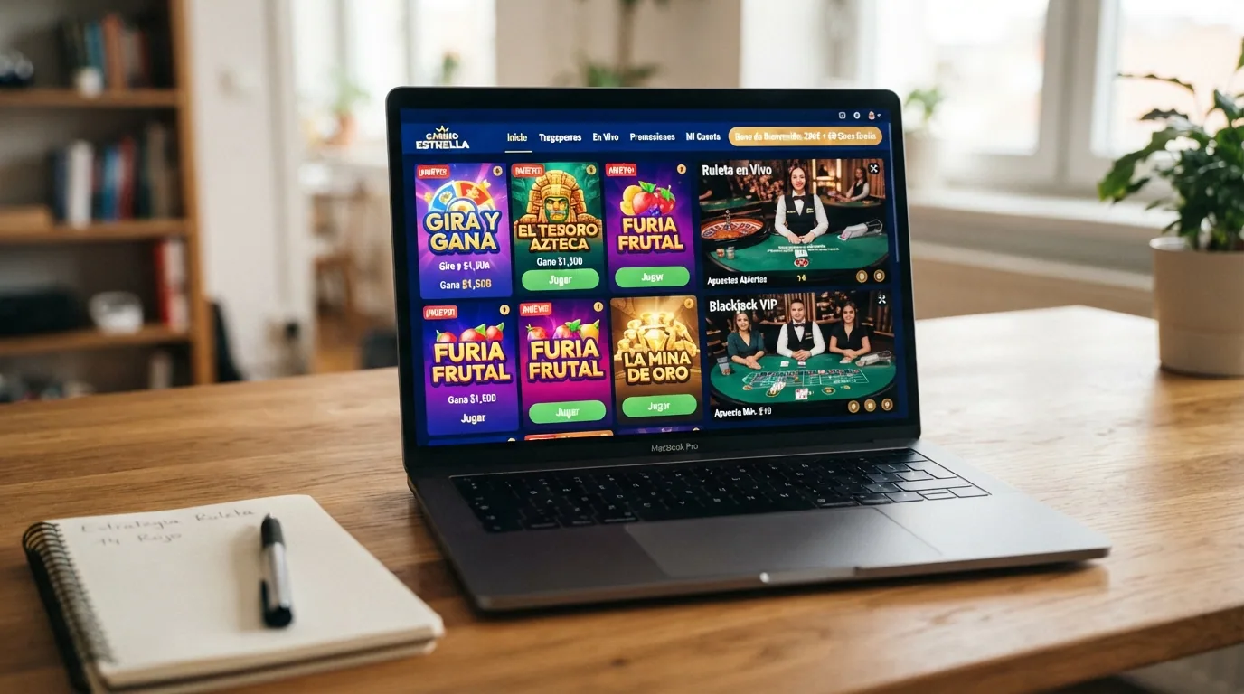 Interfaz de casino online con mosaico de slots, una mesa de ruleta y otra de blackjack en miniatura