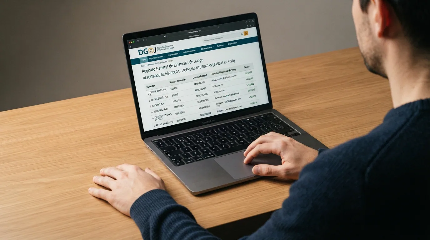 Infografía o captura del registro público de la DGOJ (ordenacionjuego.es) con el buscador de operadores habilitados y el resultado de una consulta de licencia