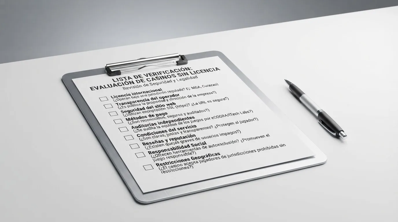 Lista de verificación sobre una mesa de trabajo con criterios como licencia, bono, seguridad, catálogo y métodos de pago