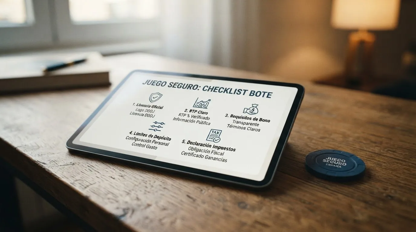 Infografía con los cinco puntos de verificación que el artículo recomienda antes de jugar: licencia DGOJ, RTP, requisitos de bono, límites de depósito e IRPF