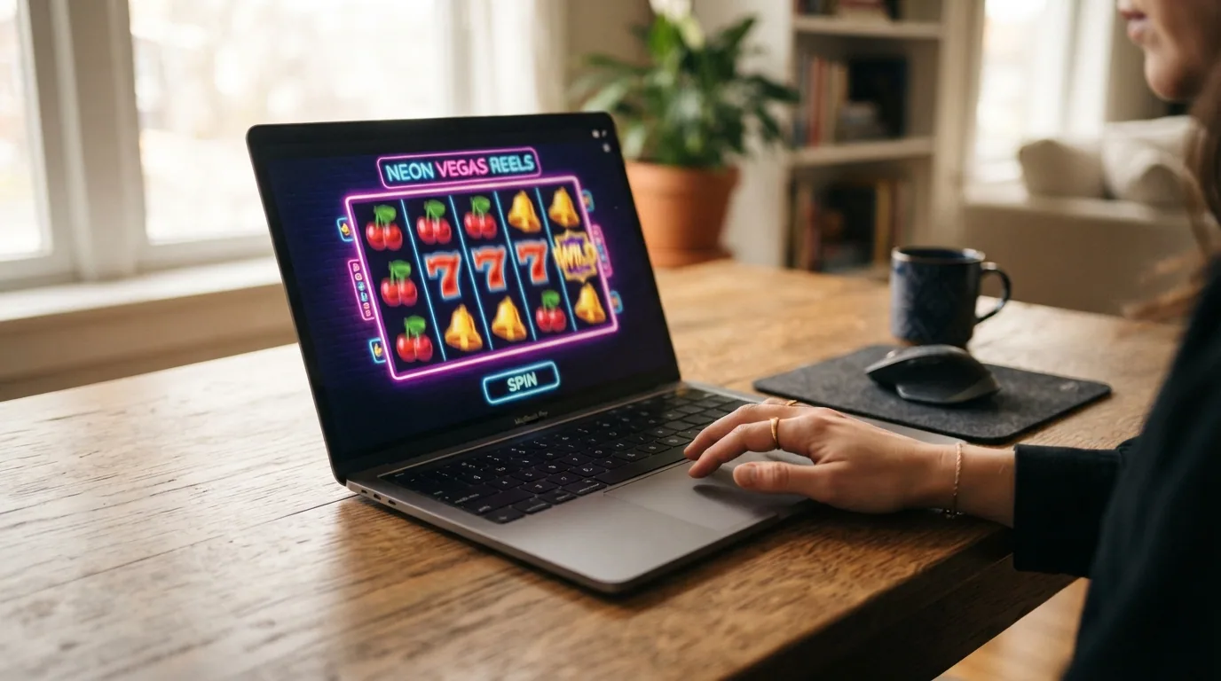 Tres capturas de pantalla en secuencia mostrando el proceso: buscar una tragaperras, hacer clic en «jugar demo» y ver los rodillos girando con créditos virtuales