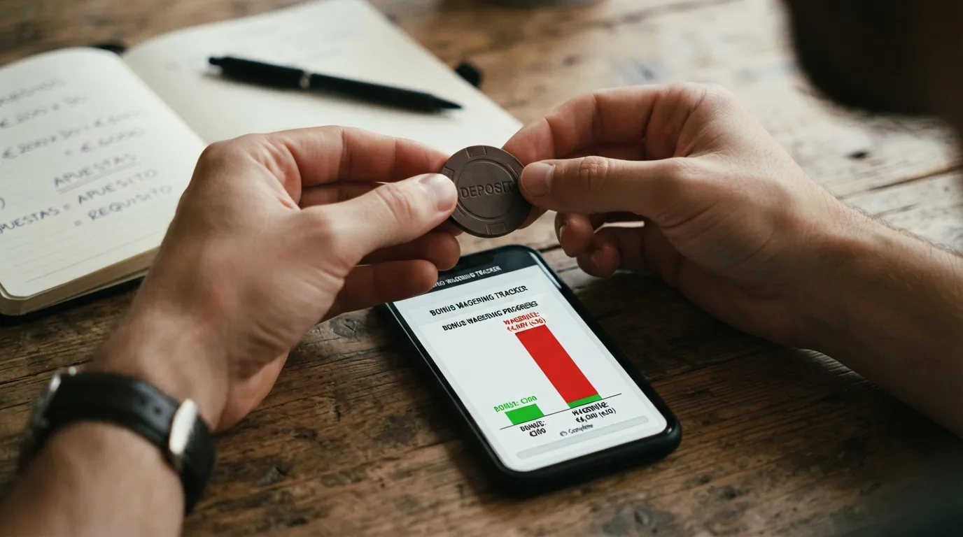 Infografía que desglosa un bono del 100% hasta €200: el importe del bono, la fórmula del requisito de apuesta (bono × rollover) y el total que hay que apostar antes de retirar