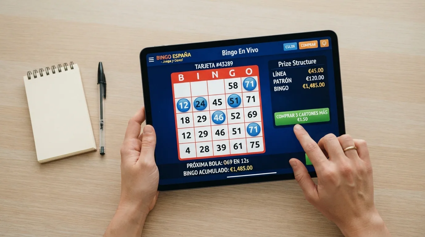 Pantalla de una partida de bingo online mostrando un cartón virtual con números marcados, el bombo de extracción y los patrones de premio activos