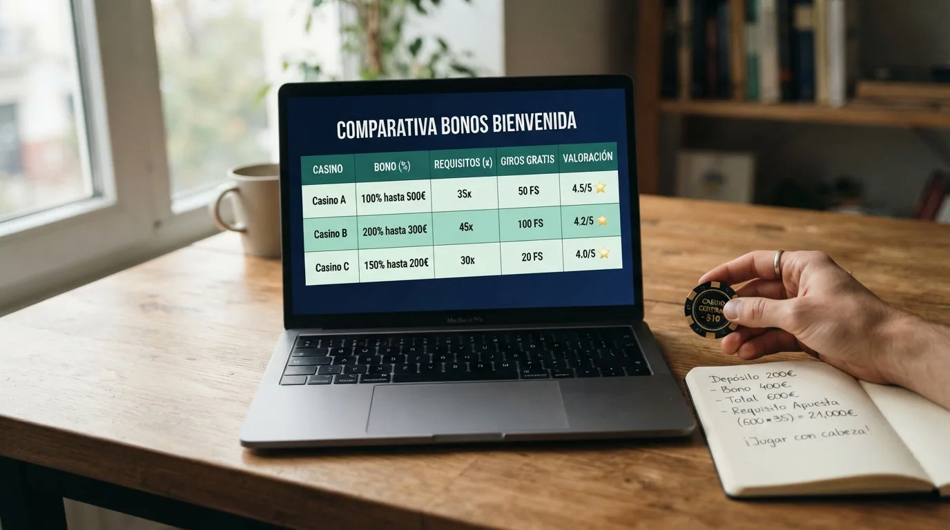 Tabla con los bonos de bienvenida, rollover y giros gratis de varios casinos online con licencia DGOJ