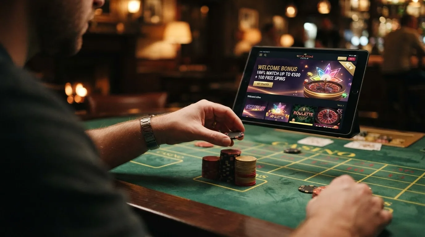 Fichas de casino apiladas con distintos valores junto a pantallas que muestran porcentajes de bono de bienvenida