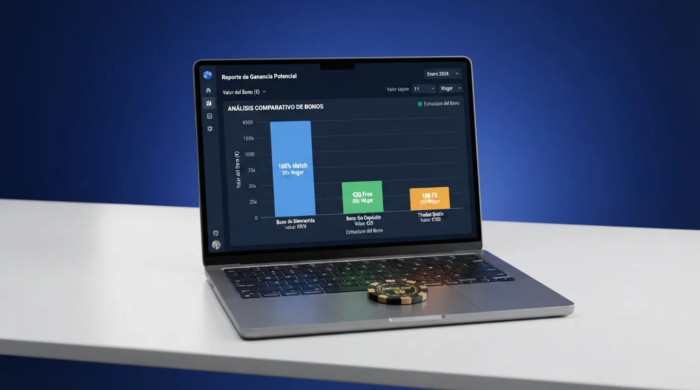 Interfaz de un casino online internacional con fichas de bonos, porcentajes de igualación y gráficos comparativos