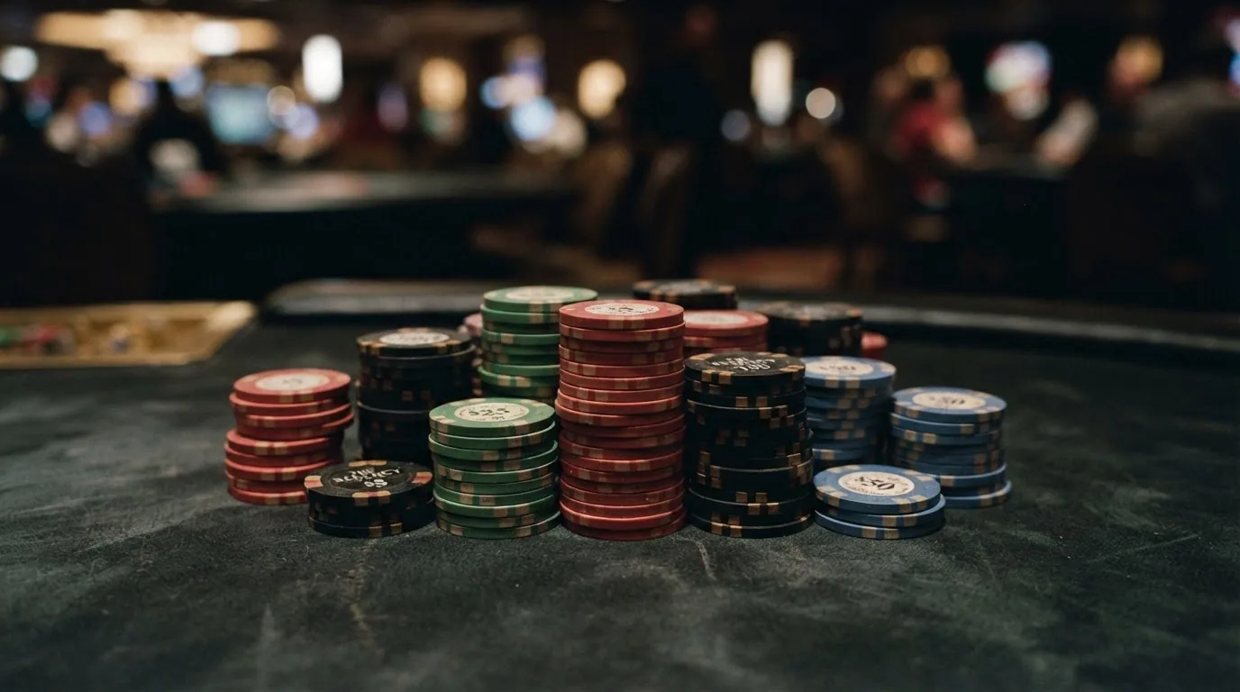 Composición con las fichas de los 10 casinos revisados sobre un fondo de mesa de juego